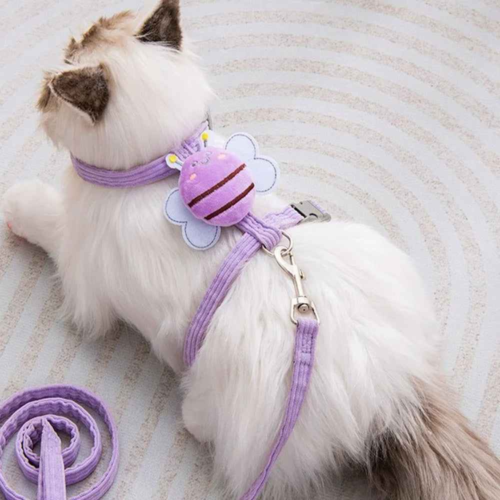 Cat Harness Leash Collar Set Adjustable Cartoon Bee Double Layer Dog Harness For Small Medium Pet Collar Leash Outdoor Walking