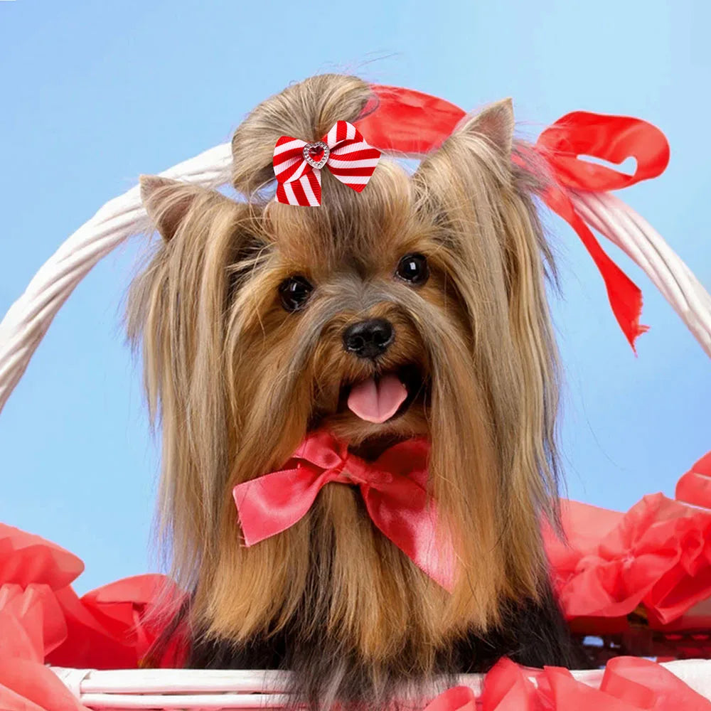 20PCS Red/Pink Series Dog Bows Valentine's Day Bows for Dogs Cute Cat Dog Bows for Rubber Band Pet Hair Bowknot Dog Accessories