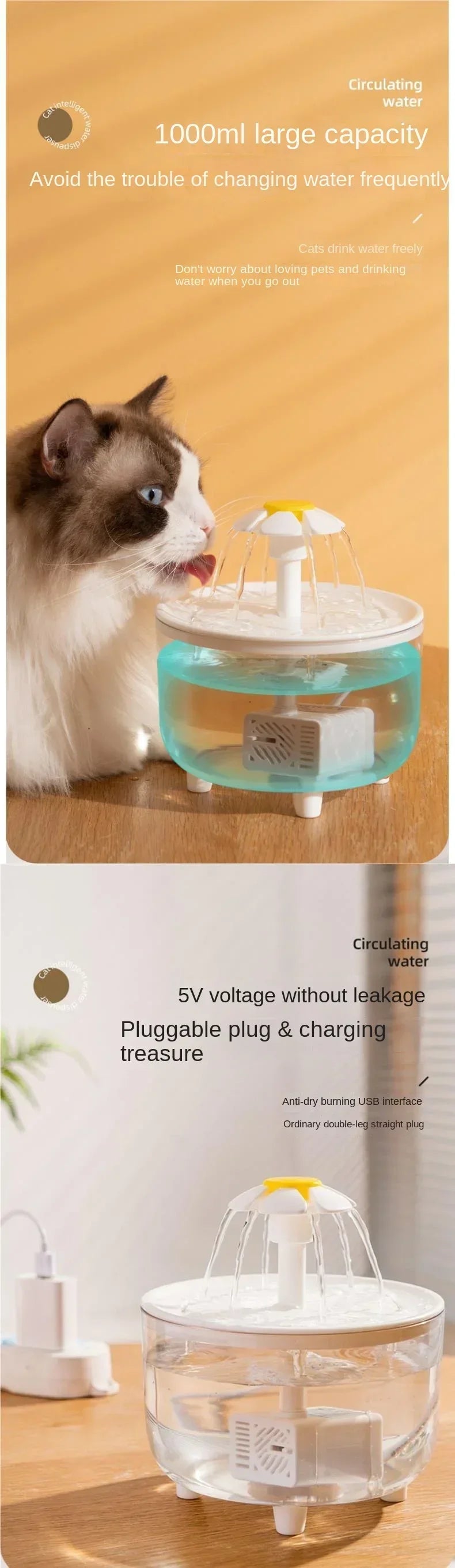 1L Pets Water Fountain Ultra-Quiet Automatic Circulation Filtration USB Electric Mute Recirculate Filtring Drinker Pet Supplies