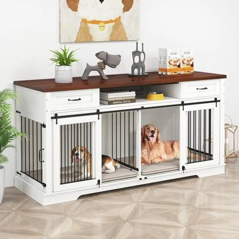 Jaula grande de madera para perros, mueble con divisor extraíble, resistente perrera de granja de 71 pulgadas, soporte para TV para 2 perros, organizador de correa y juguetes