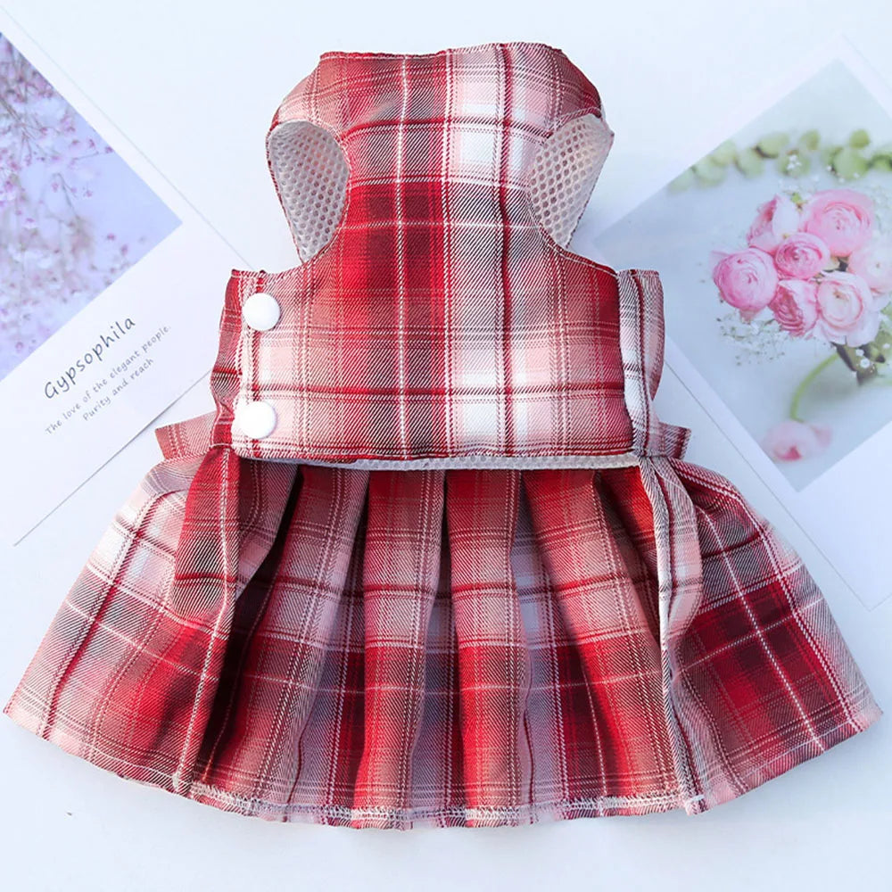 Cute Plaid Dog Dress Harness Leash Set Summer Girl Pet Clothes Bowknot Puppy Princess Dress Cat Dog Holiday Party Costume Outfit