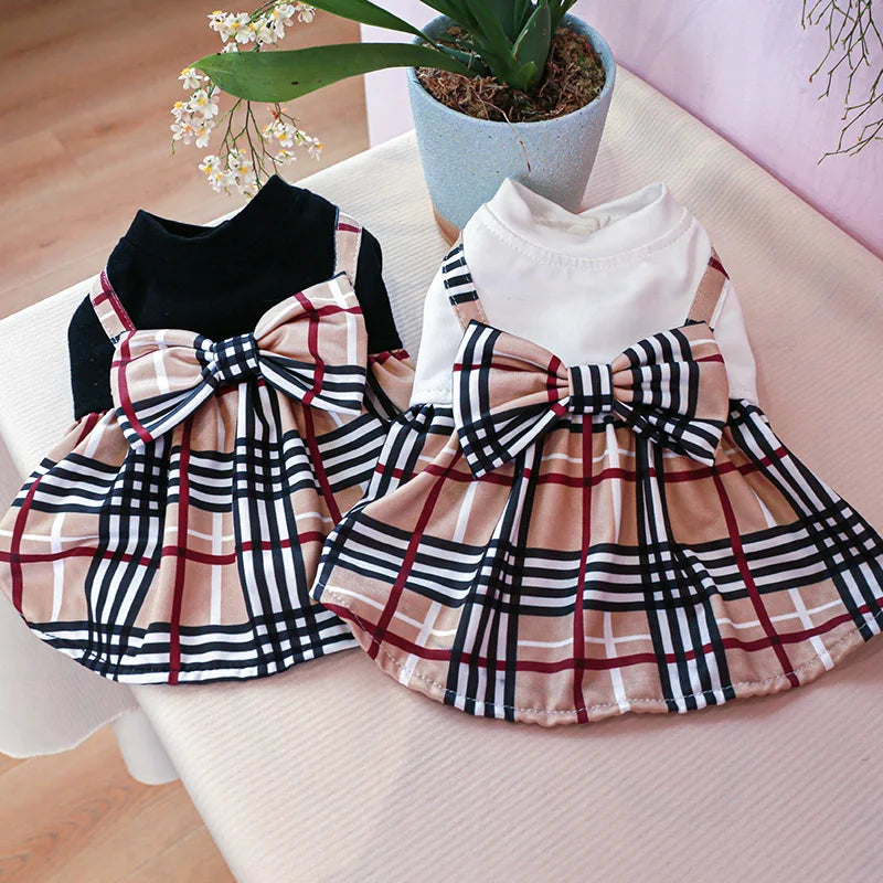 Pet Dog Cat Clothes Spring Summer Dress Big Bow Plaid Puppy Floral Print Skirt Casual Tutu Coat Dress For Small Dog Pet Apparel