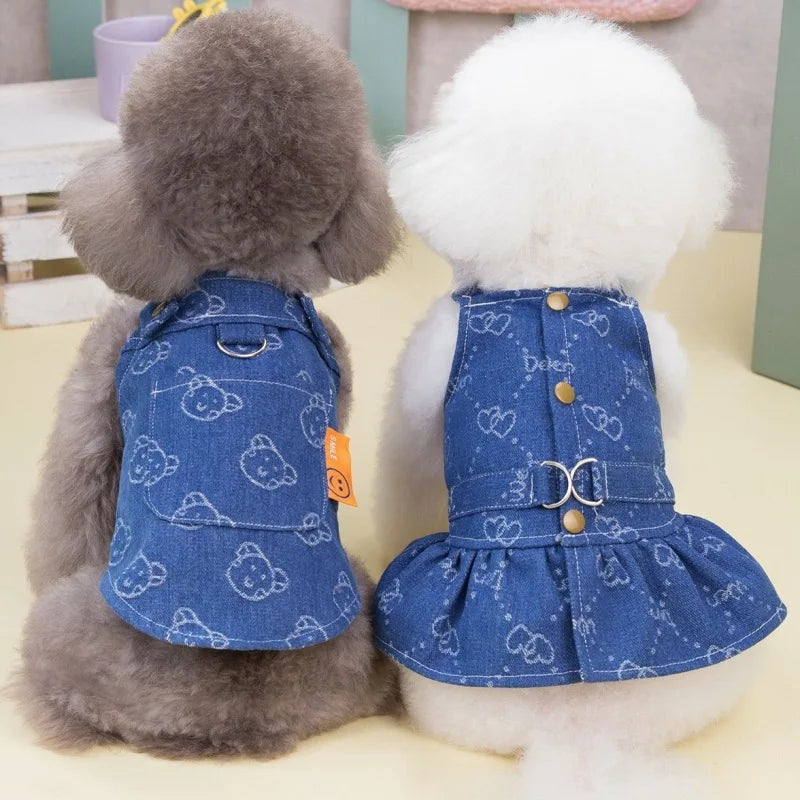 Love Jeans Costume Pet Denim Dress for Dogs Small Dog Harness Vest Luxury Dog Suspender Skirt Cute Print Puppy Clothes Dropship