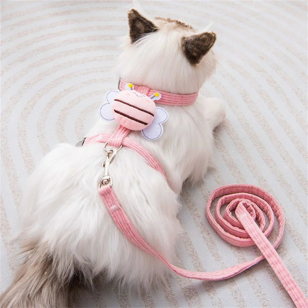 Cat Harness Leash Collar Set Adjustable Cartoon Bee Double Layer Dog Harness For Small Medium Pet Collar Leash Outdoor Walking