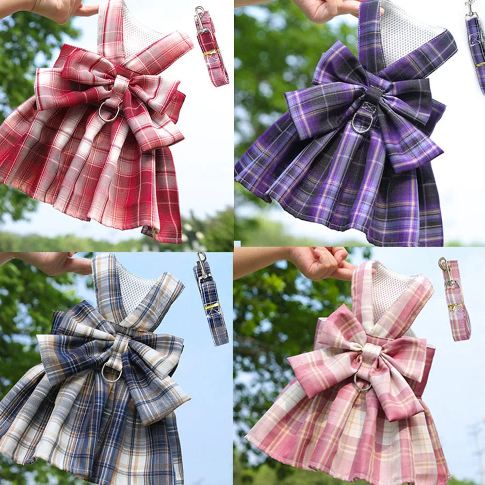 Dog Dresses for Small Dogs Girl Plaid Dog Dress Bow Tie Harness Leash Set Puppy Cute Bow Skirt Pet Outfits Yorkie Accessories