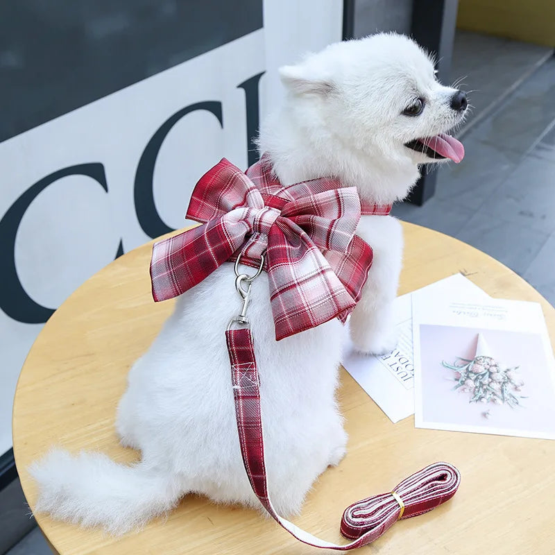 Pet Jk Plaid Dress Dog Harness and Leash Set Bow Skirt Kitten Puppy Vest Luxury Dog Clothes Chihuahua Dog Outfits Bichon Items