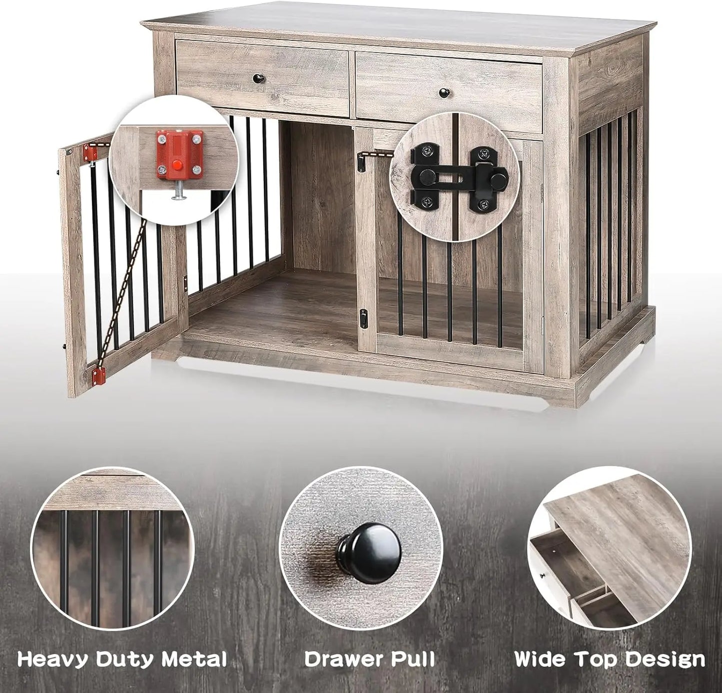 44 Inch Large Dog Crate Furniture, Wooden Dog Kennel End Table with Storage Drawers, Decorative Pet Crates Dog House Indoor