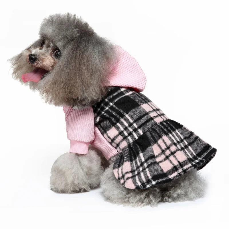 Plaid Dog Hoodie Dress Warm Soft Dog Sweater Skirt Outfit with Hat Autumn Winter Pet Coat Clothes for Small Medium Puppy Outfits