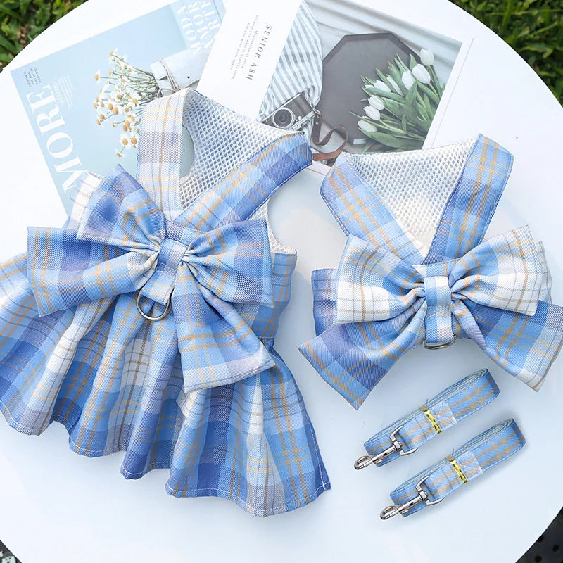 Pet Jk Plaid Dress Dog Harness and Leash Set Bow Skirt Kitten Puppy Vest Luxury Dog Clothes Chihuahua Dog Outfits Bichon Items