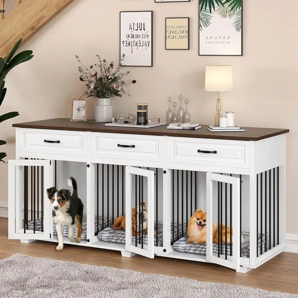 Dog Crate Furniture for Large Medium Small Dogs, 71 Inch Wooden Large Dog Kennel with Drawers, 3 Rooms & Removable Dividers