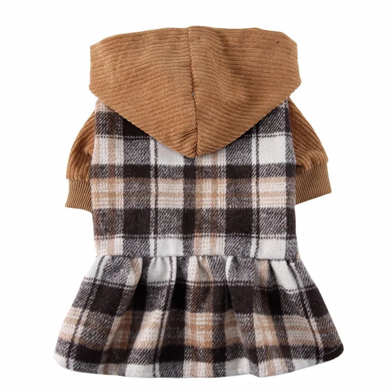 Plaid Dog Hoodie Dress Warm Soft Dog Sweater Skirt Outfit with Hat Autumn Winter Pet Coat Clothes for Small Medium Puppy Outfits