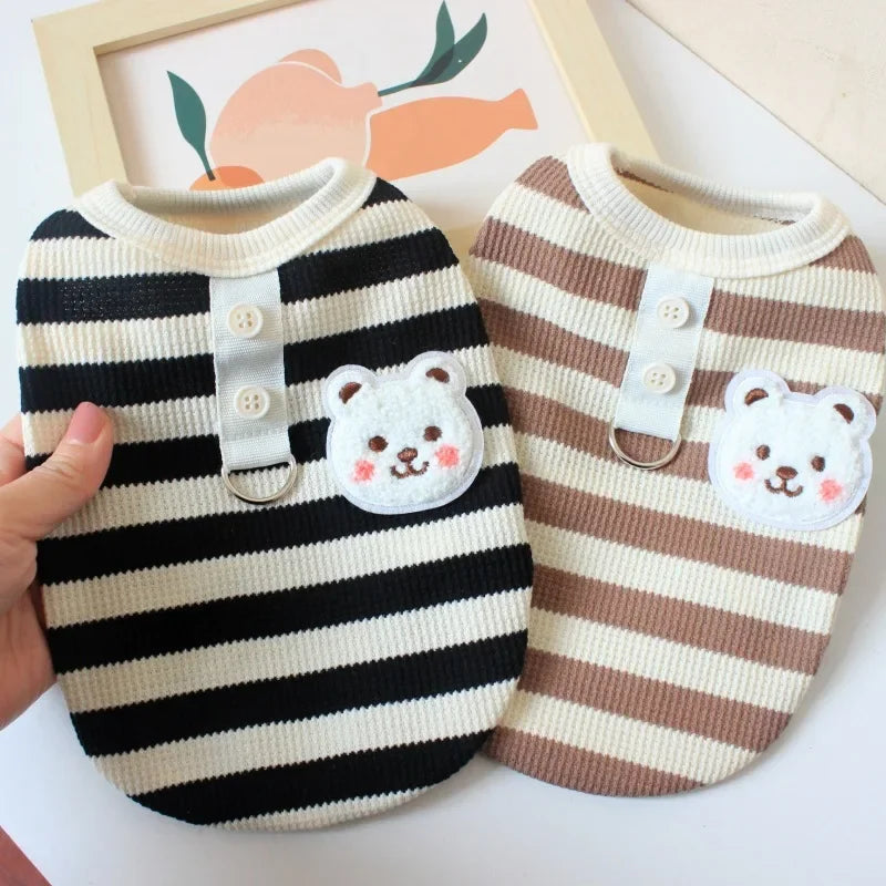 Pets Cat and Dog Clothes, Waffle Grid Vest for Spring/Summer, Striped T-Shirt with Leash for Small Dogs, Summer Outfit