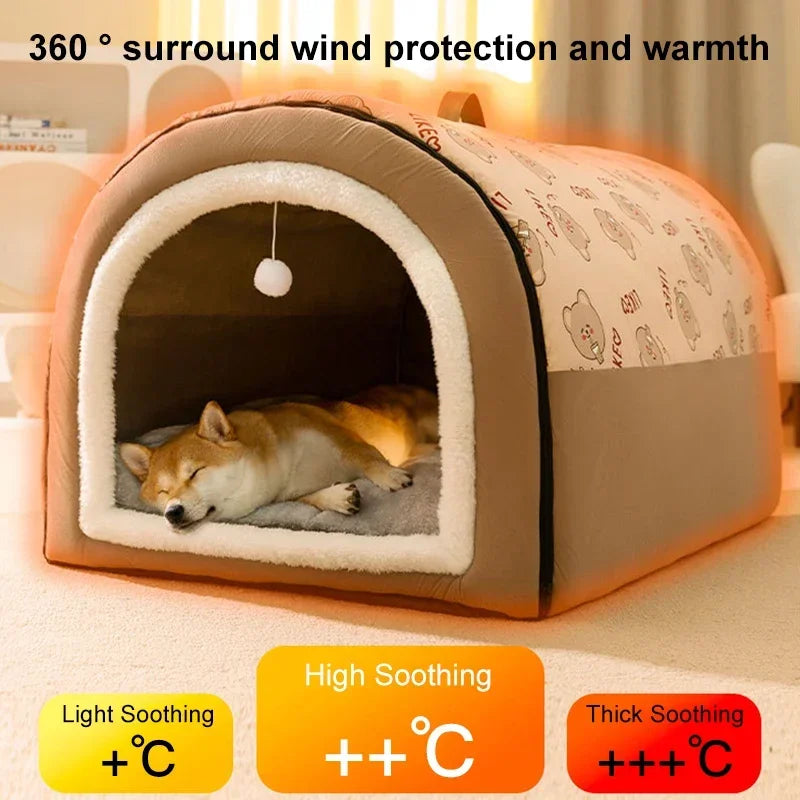 1PC Dog Cave 2 in 1 Detachable Covered Cat Bed with Ball Pendant Cat Hideaway House, Warm Washable Cozy Dog Beds for Large Dogs