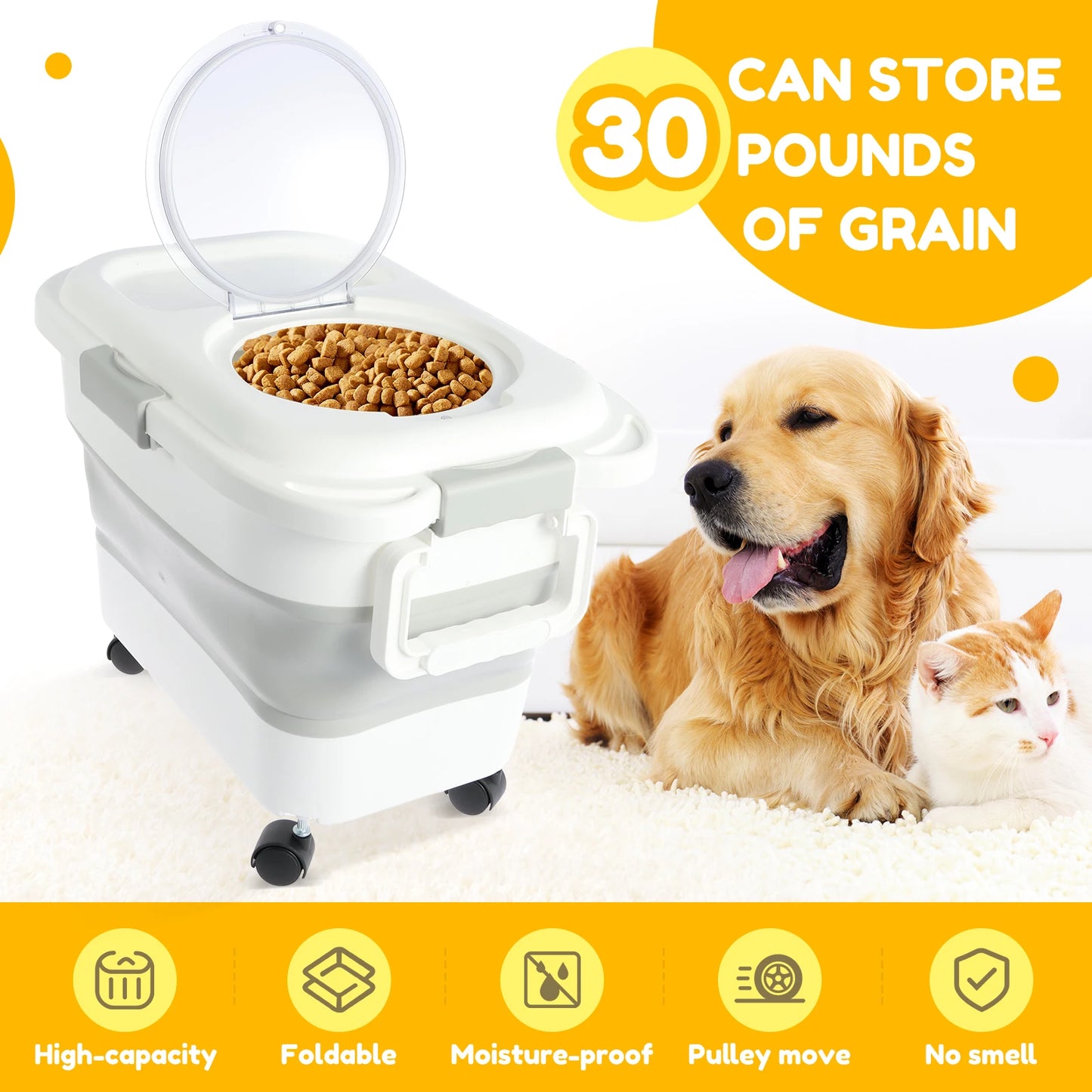 Collapsible Pet Food Storage Container Cat Dog Food Barrel Airtight Sealing Grain Rice Storage Boxes with Removable Wheels