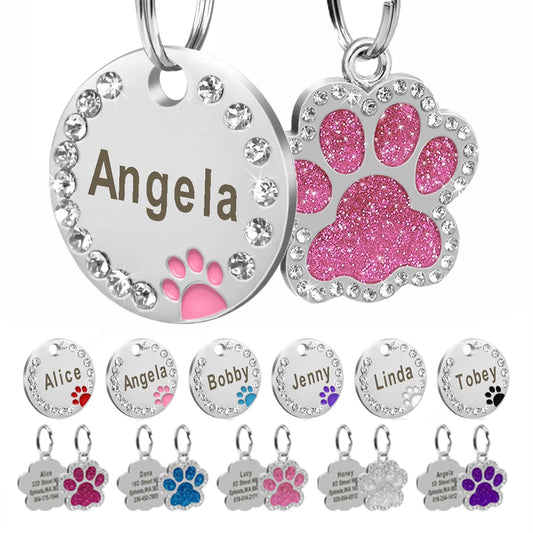 Personalized Dog Cat ID Tag Bling Rhinestone Puppy Kitten Name Tags Anti-lost Pet Collar Accessories Free Engraved Pet Products