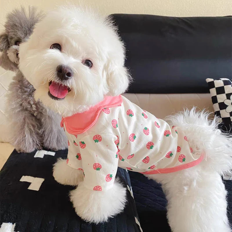 Strawberry Print Dog Clothes Pink Pet Dog Vest Cute T-Shirt Puppy Costume Cat Dog Polo Shirt Chihuahua Bichon Girls Dog Pullover