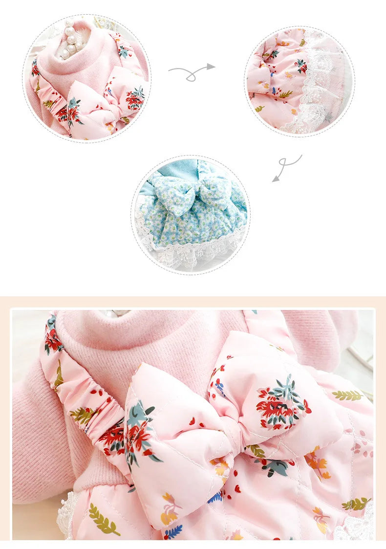 Vêtements pour chiens automne hiver robe chat princesse jupe rose bleu nœud papillon floral vêtements rembourrés en coton vêtements chauds pour animaux de compagnie