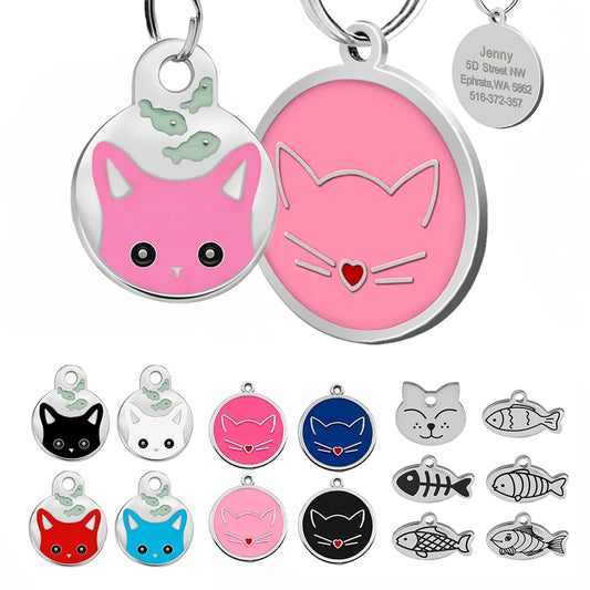 Cute Cat Tag Small Dog ID Tags Free Engraved Name Cats Kitten Name Tag Anti-lost Pet Collar Pendant Fish Shape&Cat Face Tags