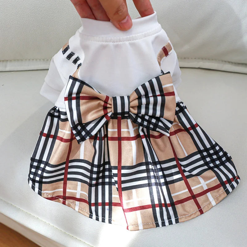 Pet Dog Cat Clothes Spring Summer Dress Big Bow Plaid Puppy Floral Print Skirt Casual Tutu Coat Dress For Small Dog Pet Apparel