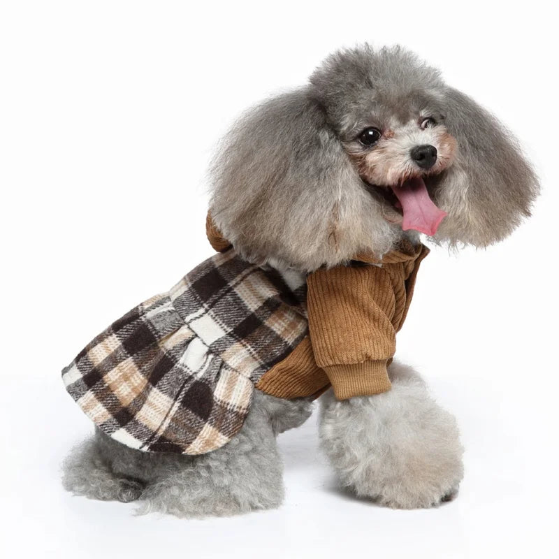 Plaid Dog Hoodie Dress Warm Soft Dog Sweater Skirt Outfit with Hat Autumn Winter Pet Coat Clothes for Small Medium Puppy Outfits