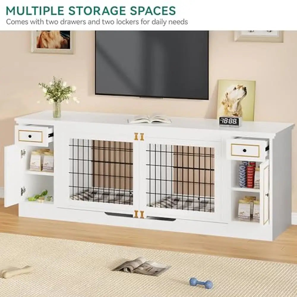 Double Dog Kennel Furniture Table with Storage 2 Small/Medium Dogs Wooden Dog House TV Stand White XL Storage Space Room Divider