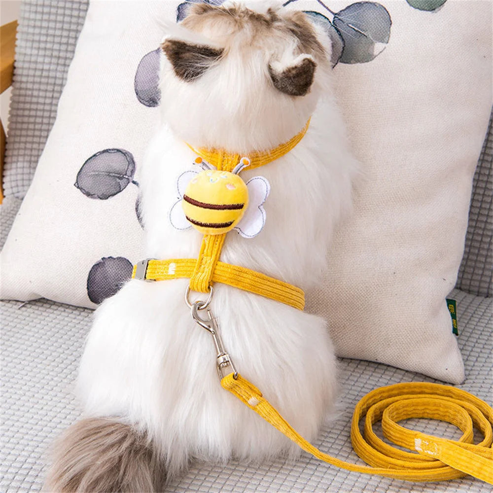 Cat Harness Leash Collar Set Adjustable Cartoon Bee Double Layer Dog Harness For Small Medium Pet Collar Leash Outdoor Walking