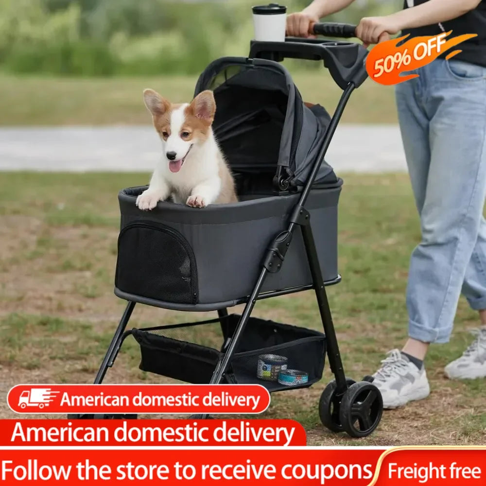 3 in 1 Folding Dog Stroller,Pet Folding Stroller,4 Wheels Dog/Cat Puppy Stroller w/Removable Travel Carrier for Small/Medium Pet