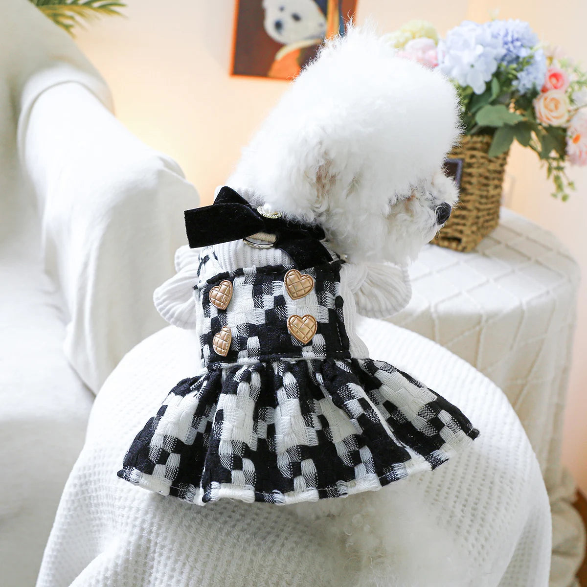 1PC pet clothing autumn and winter thick black and white bow princess skirt for small and medium-sized dogs