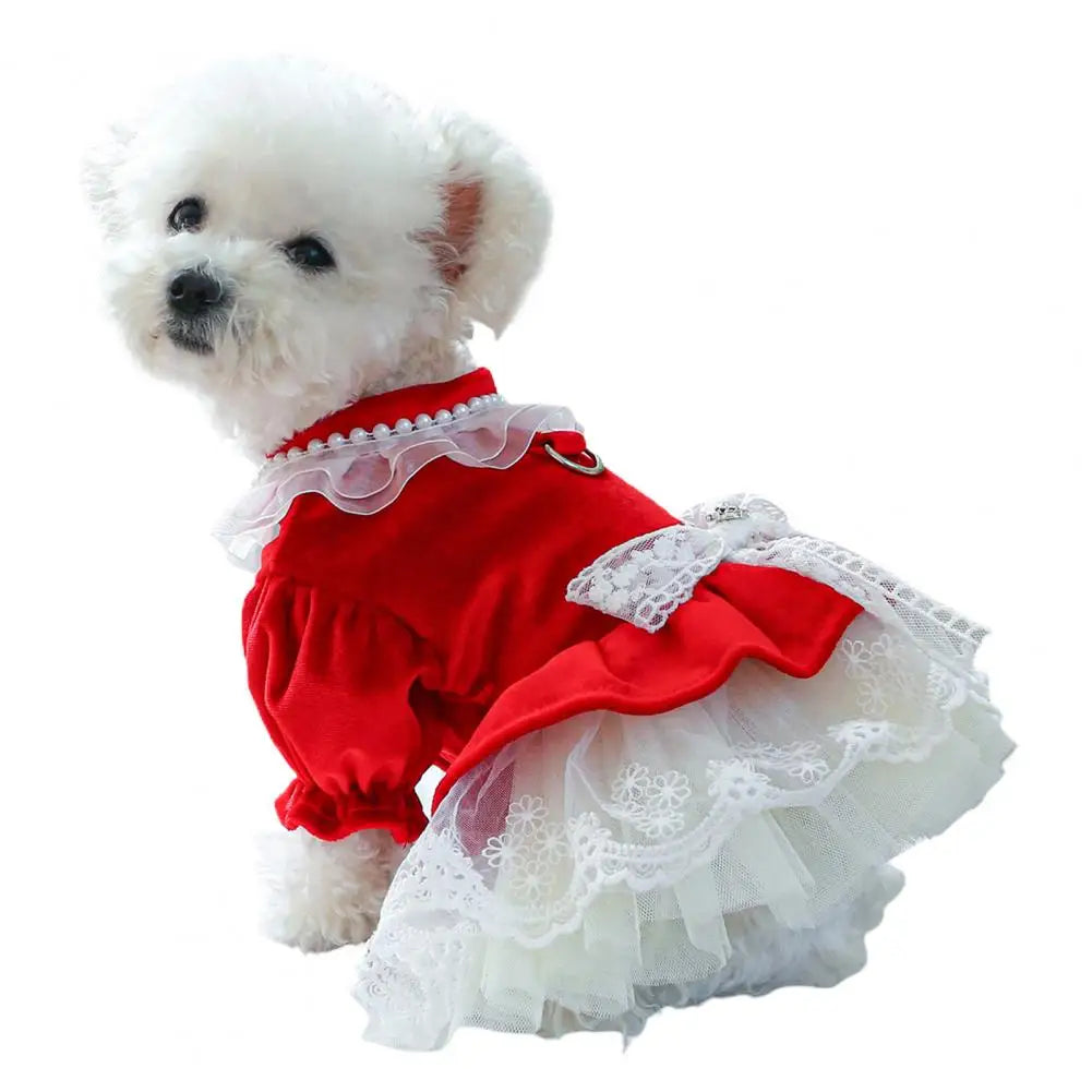 Dog Princess Dress with Bow Tie, Lace Trim, Mesh Stitching, Clothes for Small Dogs, Chihuahua