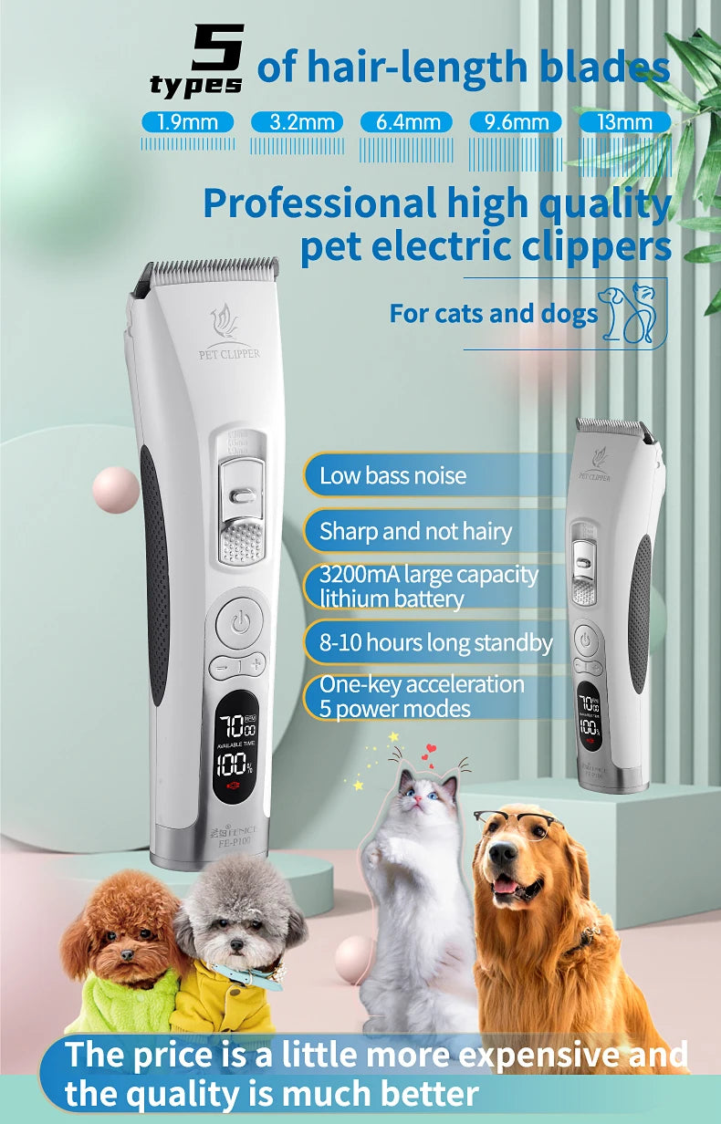 Fenice Clipper Dogs Professional LCD Screen Pet Cat Clippers Electrical Grooming Trimmer and Blade Rechargeable Haircut Machine