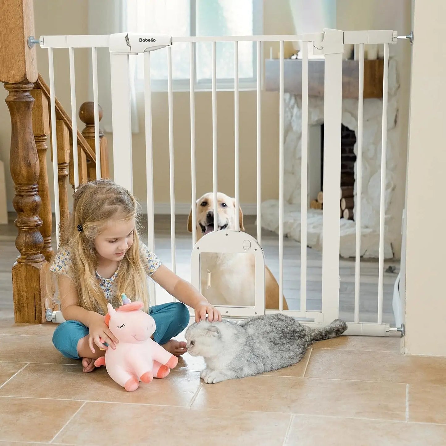 Baby Gate with Adjustable Cat Door, 29-43" Auto Close Durable Dog Gate for Stairs, Doorways and House,