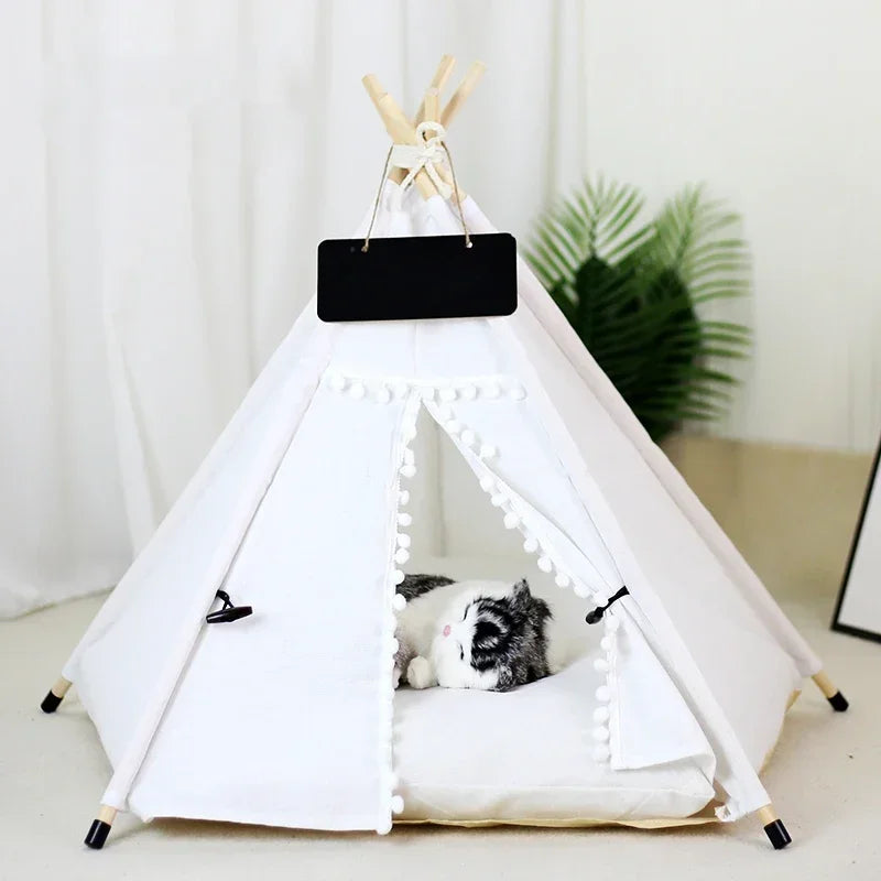 Pet Tent House Dog Bed Portable Removable Washable Teepee Puppy Cat Indoor Outdoor Kennels Cave with Cushion and Blackboard