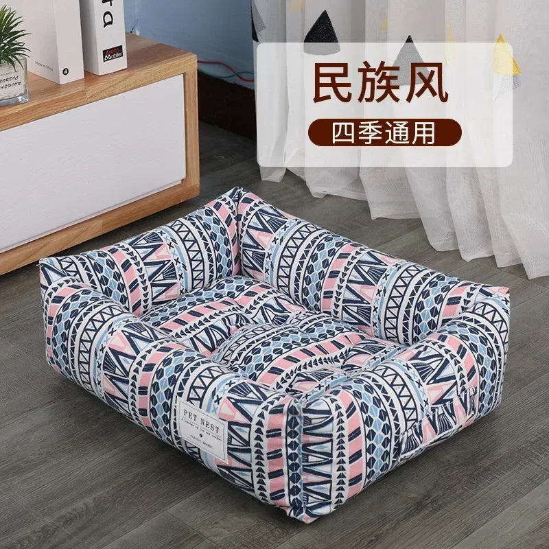 Plaid Printing Soft Removable&Washable Dog Bed Fabric Skin-Friendly Cotton&Linen Breathable Pet Sofa Square Cat Litte Dog Bed