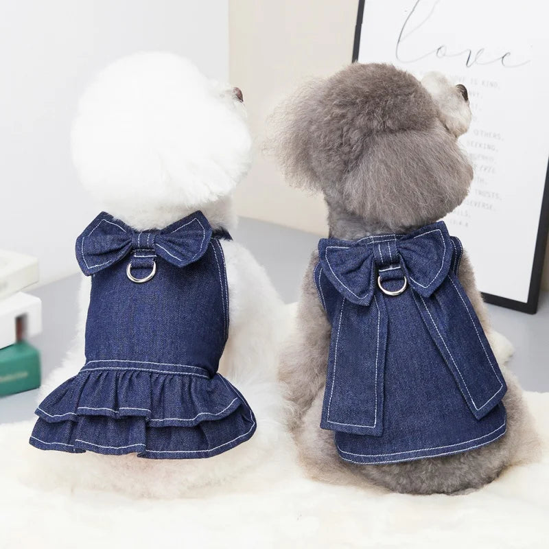 Pet Denim Dress Spring Summer Comfortable Puppy Summer Dress for Small Medium Dog Cats Cute Bow-Knot Dog Skirt