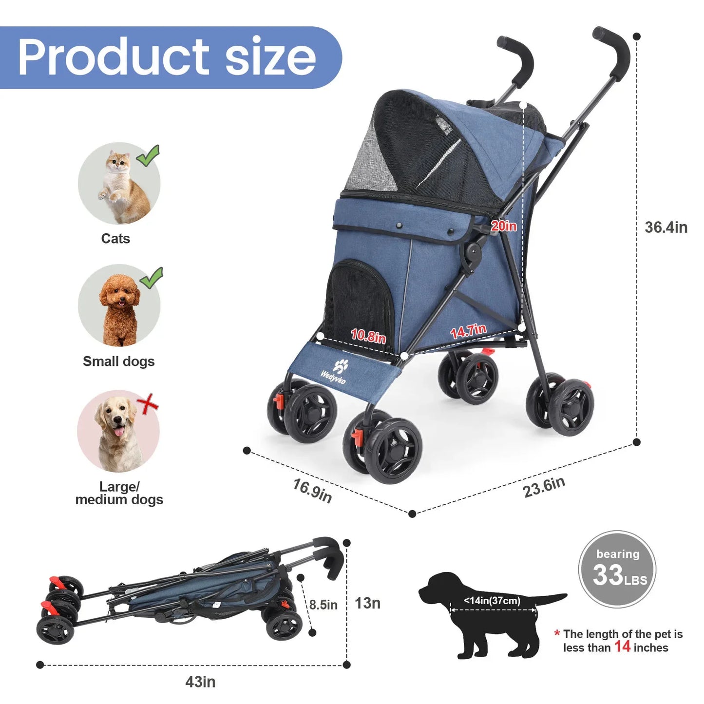 Pet Cart Dog Cat Teddy Go Out Small and Medium Portable Multi-function Folding Travel Cart