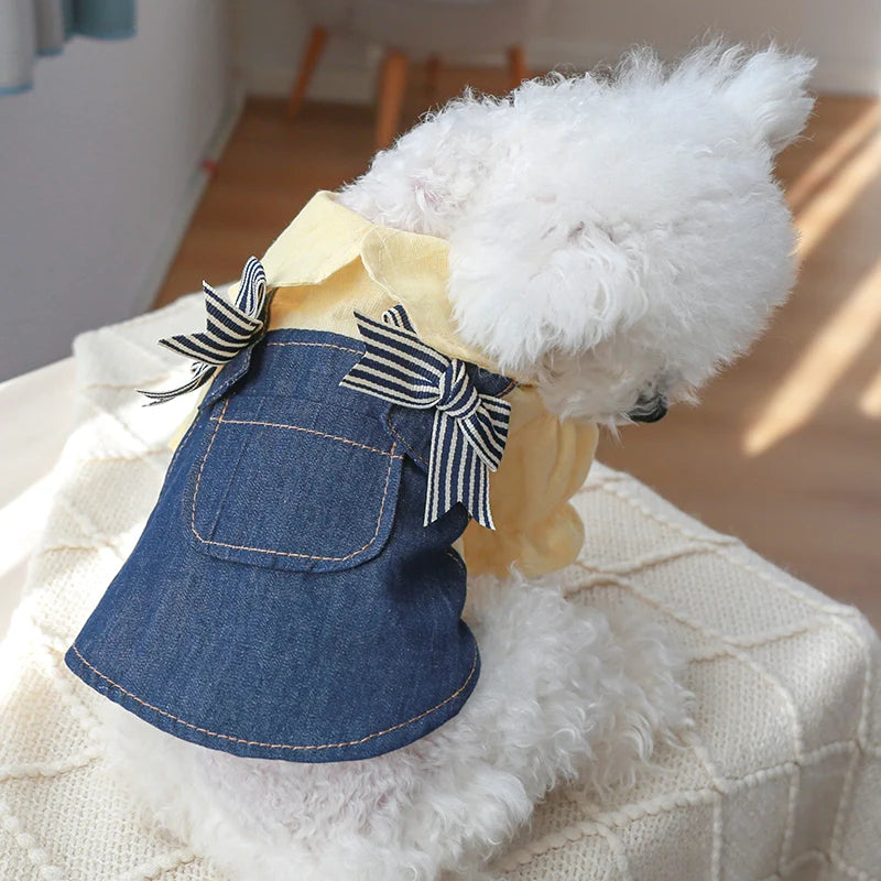 1PC Pet Apparel Spring/Summer/Autumn Thin Yellow Denim Bow Strap Princess Dress Suitable for Small and Medium sized Dogs