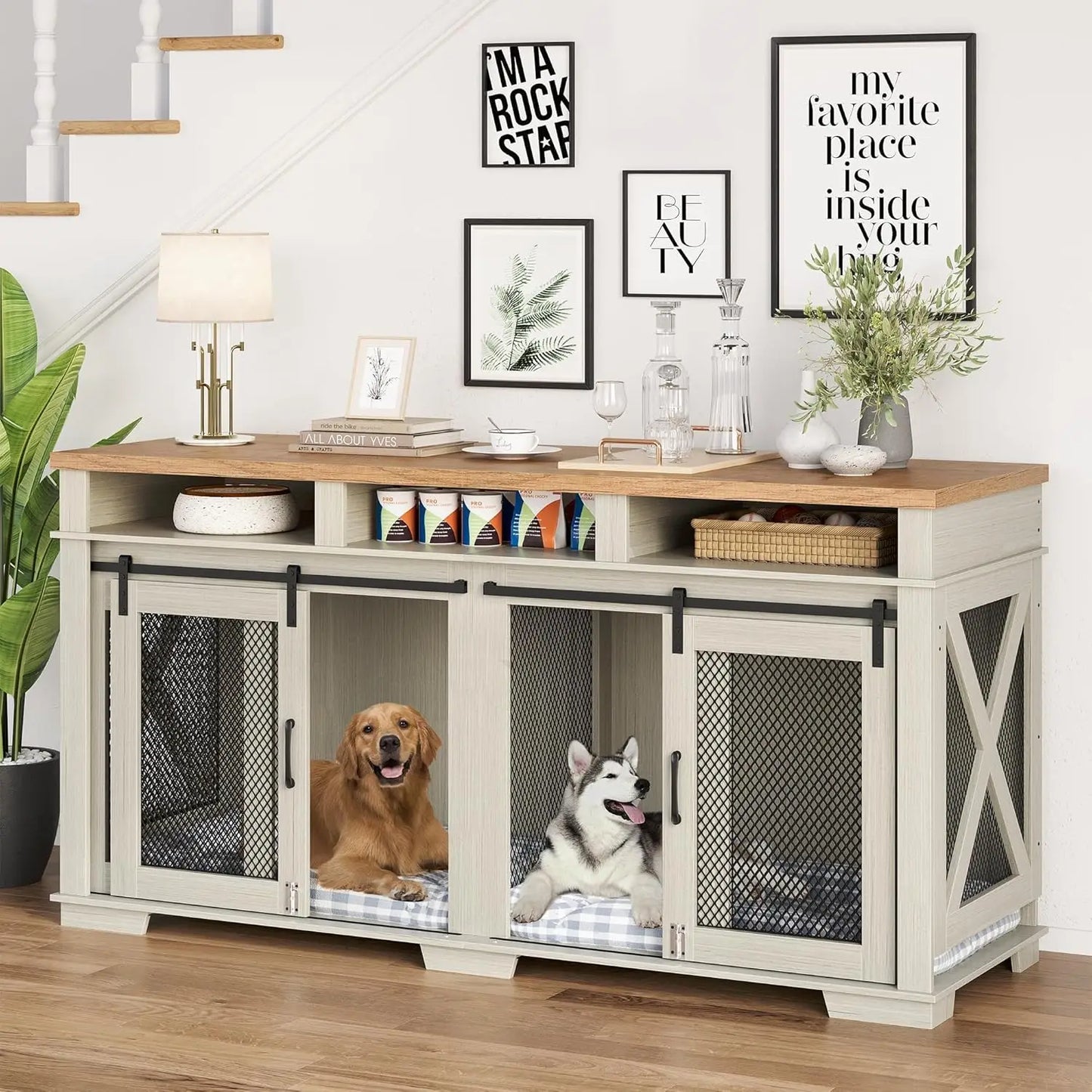 71" Dog Crate Furniture, Extra Large Wooden Double Dog Crate , Furniture Style Dog Crate Table Indoor TV Stand , White