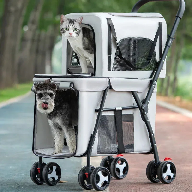 Multifunctional double-layer pet cart Lightweight and foldable pet outdoor travel stroller Ventilated and breathable dog cart