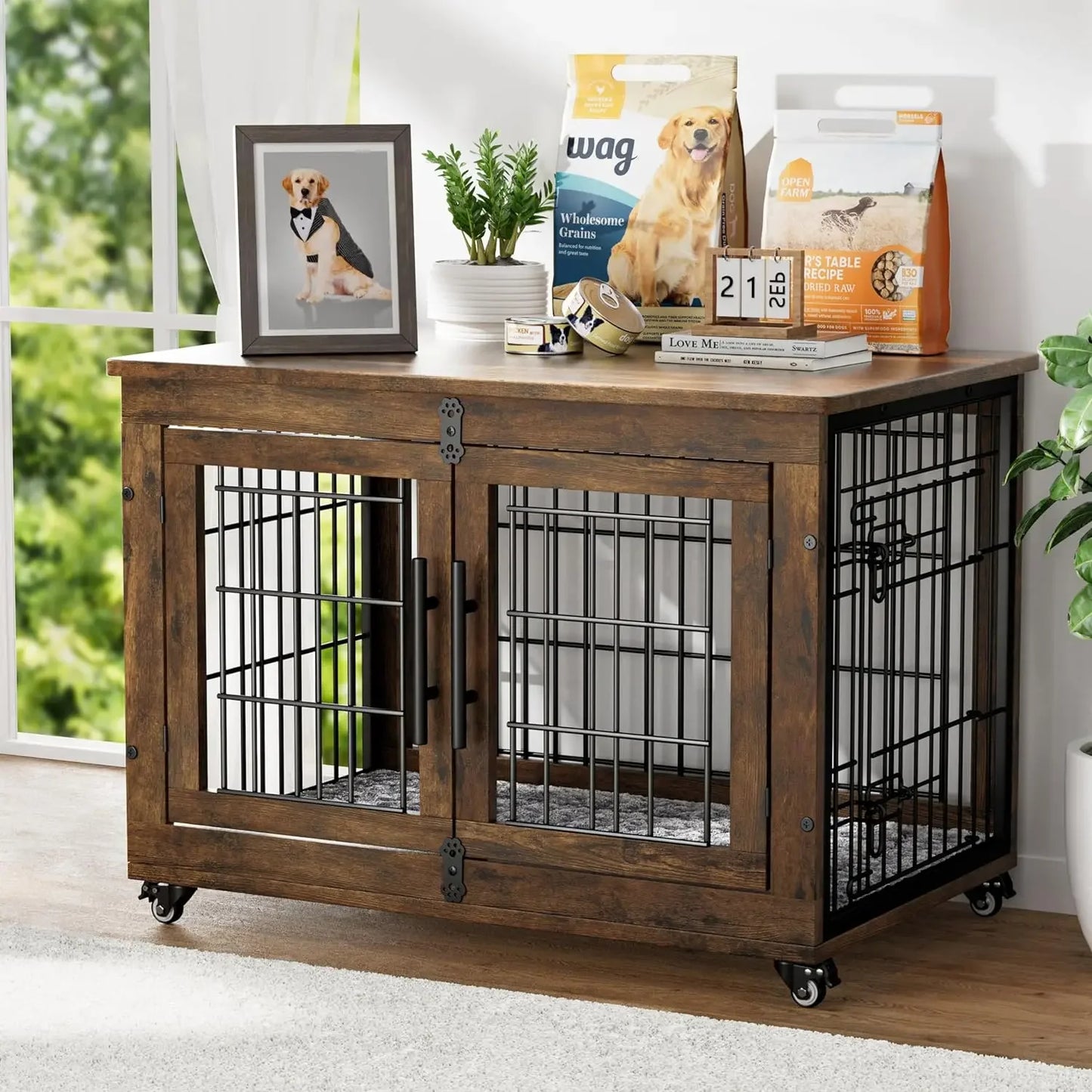 Dog Crate Furniture with Cushion , Large Wooden Dog Kennel Indoor with Double Doors,  Cage with Wheels, House