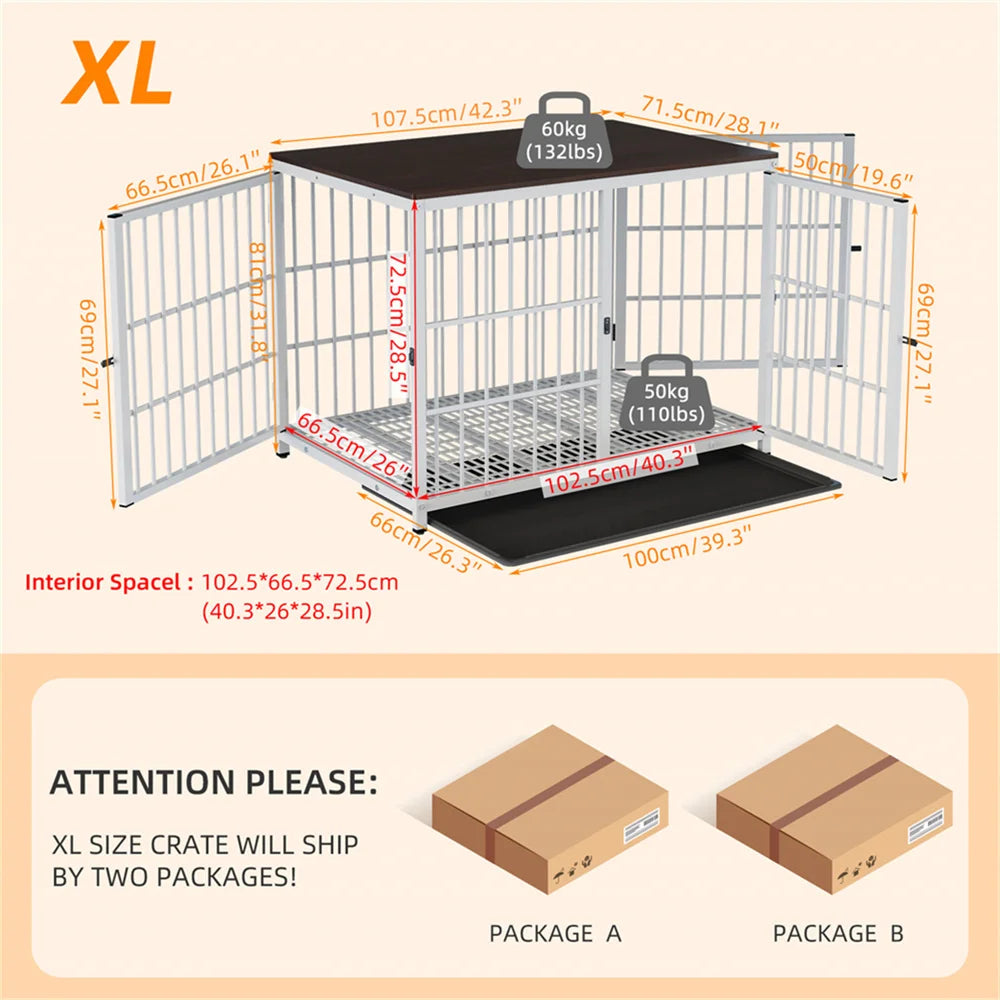 Large Wooden Dog Crate Indoor Furniture Style Elevated Pet Dog Cage Kennel End Table Lattice Playpen with 3 Doors Removable Tray