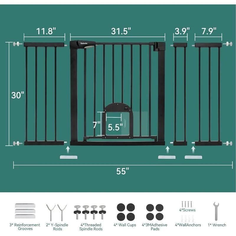 Baby Gate with Adjustable Cat Door, 29-43" Auto Close Durable Dog Gate for Stairs, Doorways and House,