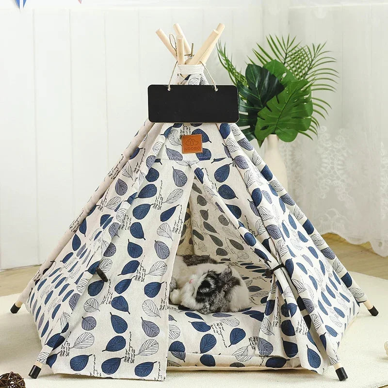 Pet Tent House Dog Bed Portable Removable Washable Teepee Puppy Cat Indoor Outdoor Kennels Cave with Cushion and Blackboard