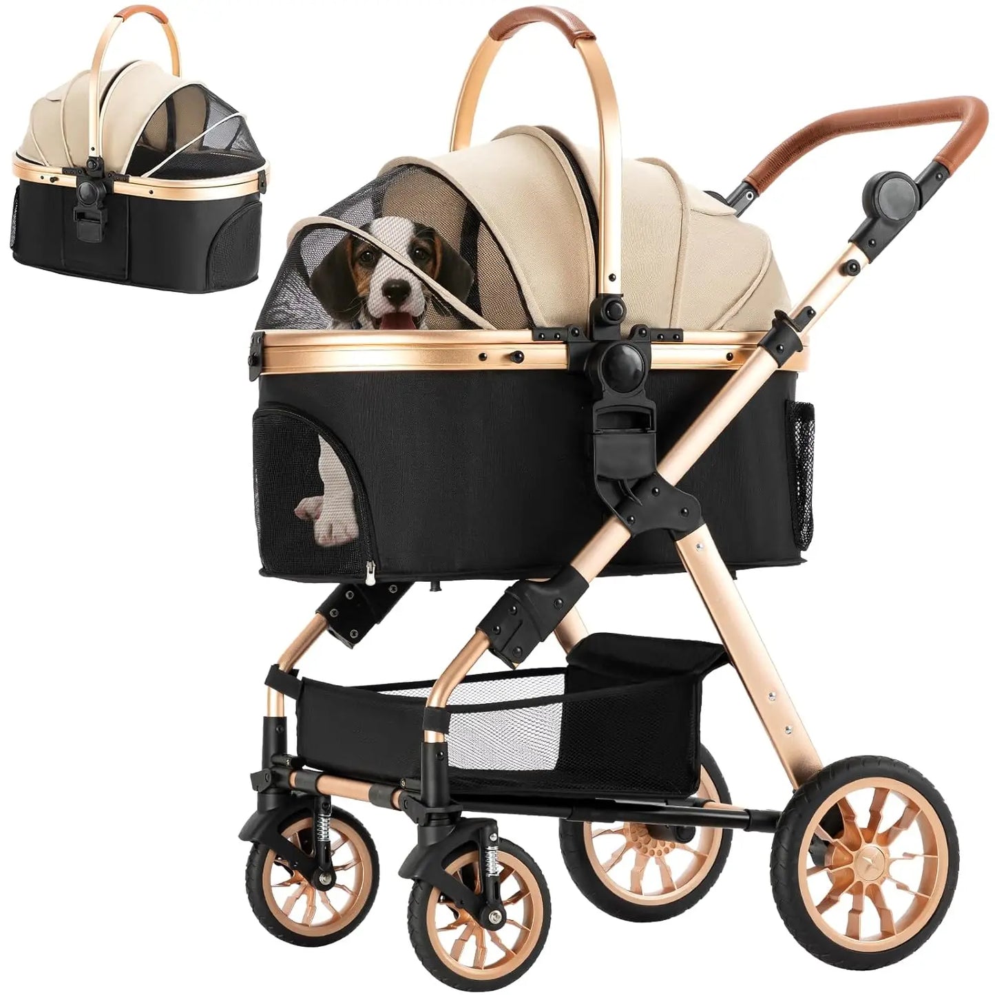 Dog Stroller for Medium Small Dog with Storage Basket Foldable Lightweight Dog Carrier Trolley.Basket can be Used Alone.（Khaki）