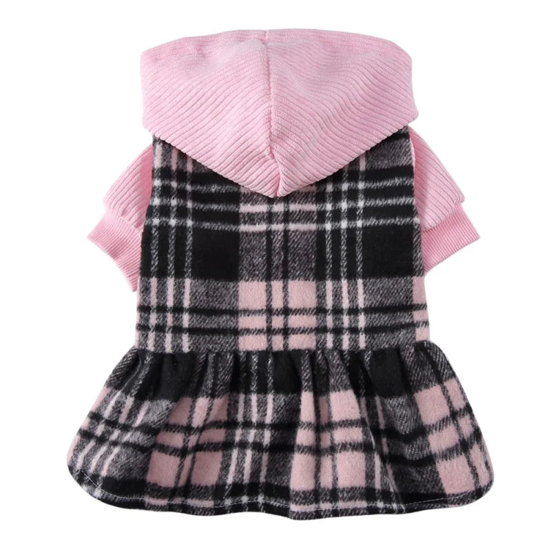 Plaid Dog Hoodie Dress Warm Soft Dog Sweater Skirt Outfit with Hat Autumn Winter Pet Coat Clothes for Small Medium Puppy Outfits