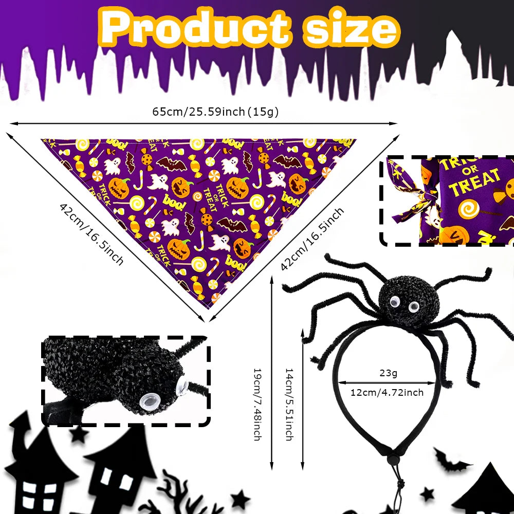 Halloween Dog Accessories Set Spider Headband Dog Bandanas Set Pet Triangle Scarf Headband For Dogs and Cats Pet Supplies