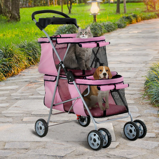 US Double Dog Stroller Pet Stroller 4 Wheels Folding Travel Carrier with Cup Holder