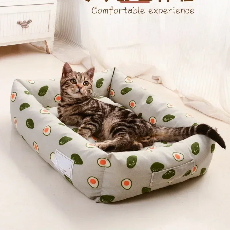 Plaid Printing Soft Removable&Washable Dog Bed Fabric Skin-Friendly Cotton&Linen Breathable Pet Sofa Square Cat Litte Dog Bed