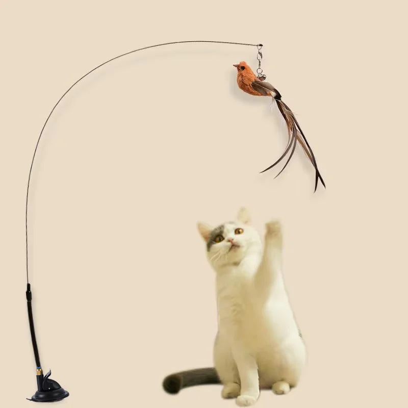 Suction Cup Cat Stick, Fixed Steel Wire, Long Pole, Feather Bird, Funny Cat Stick, Cat Toy, Self-Pleasure and Boredom Relief Art