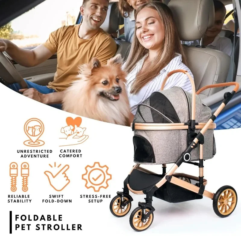 Pet Stroller with 4 Wheels Foldable Pet Travel Carrier for Small/Medium Dogs Cats up to 50lbs Detachble Portable Pet Bag