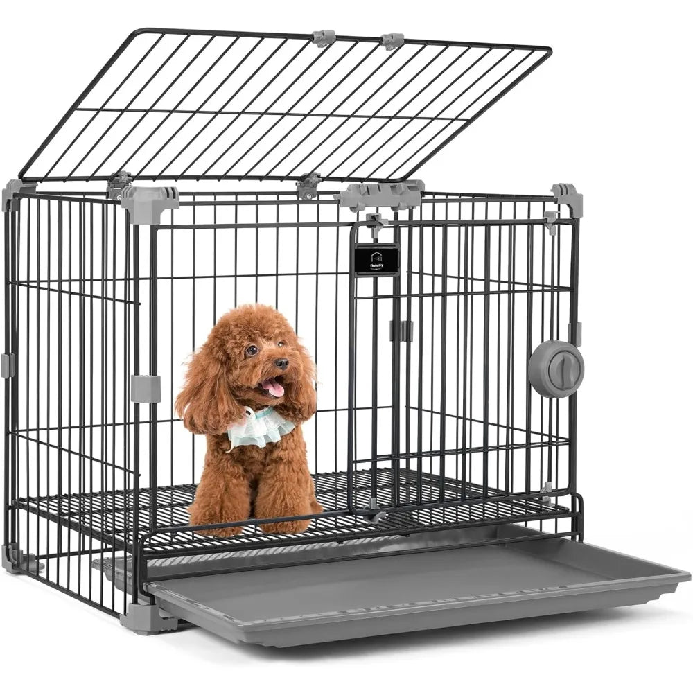 Black thick metal indoor wire cage with double doors and detachable tray, suitable for small dogs weighing less than 25 pounds